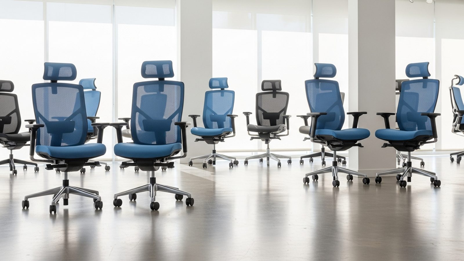 Sillas de oficina ergonómicas de malla azul en exhibición
