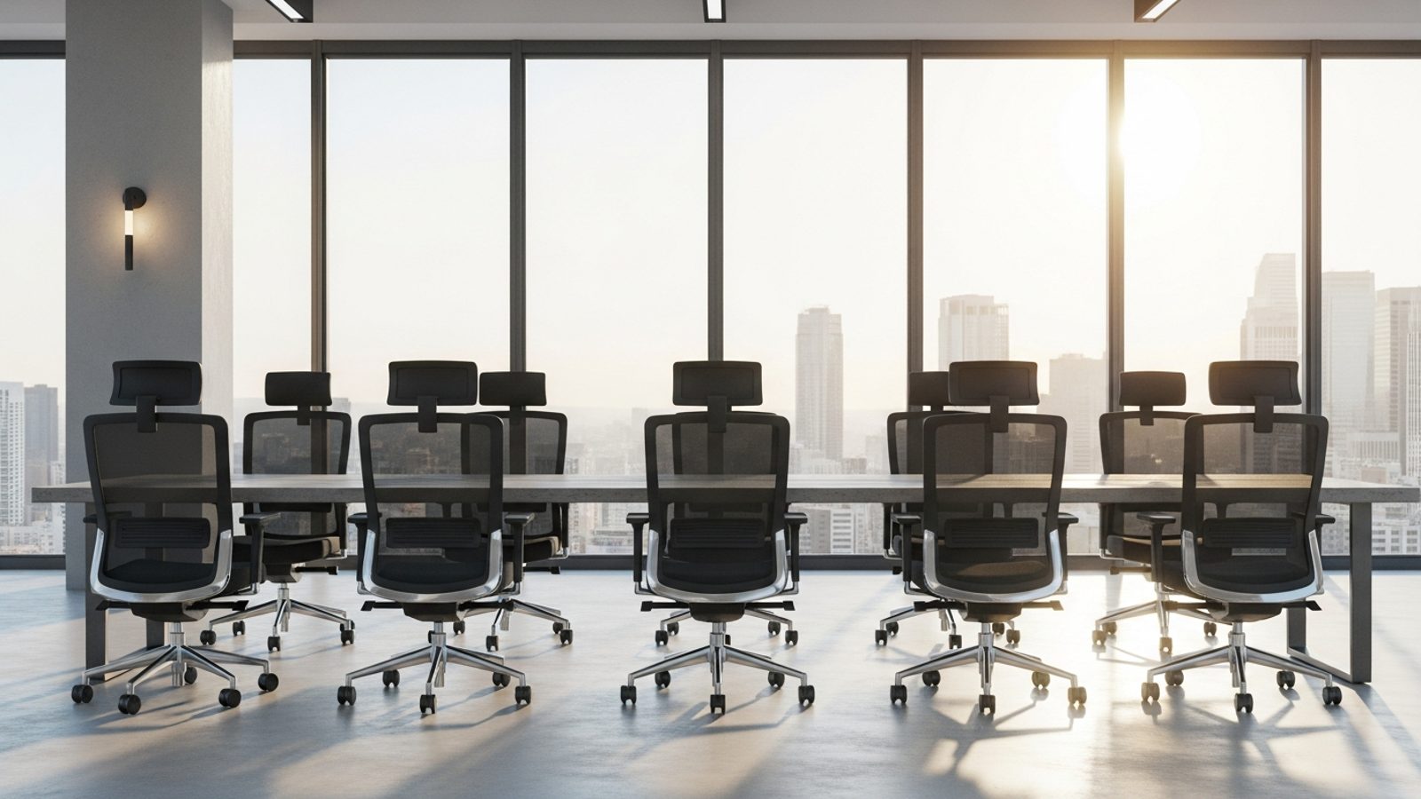 Fila de sillas de oficina en un corporativo con ventanales