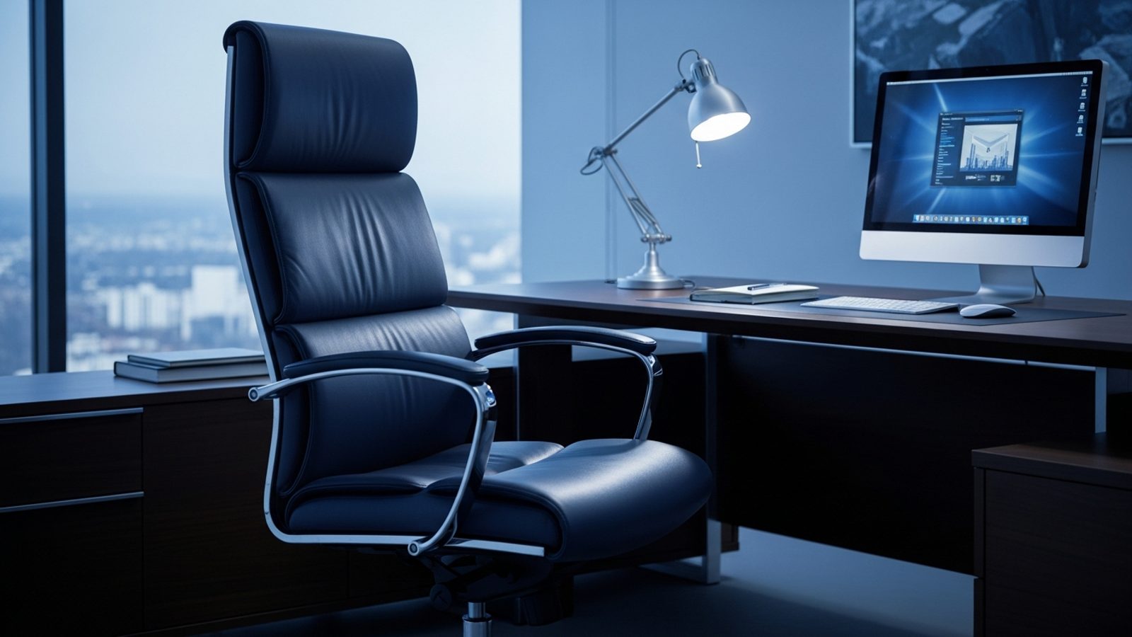 Silla ejecutiva de piel junto a un escritorio profesional