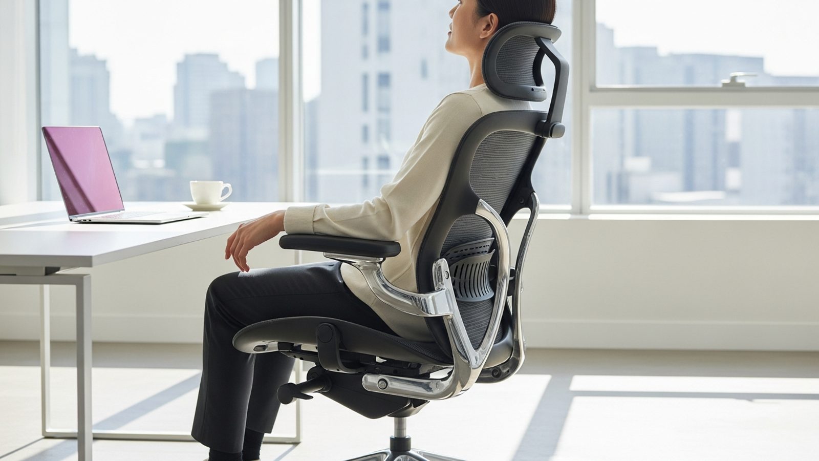 Persona sentada cómodamente en una silla ergonómica